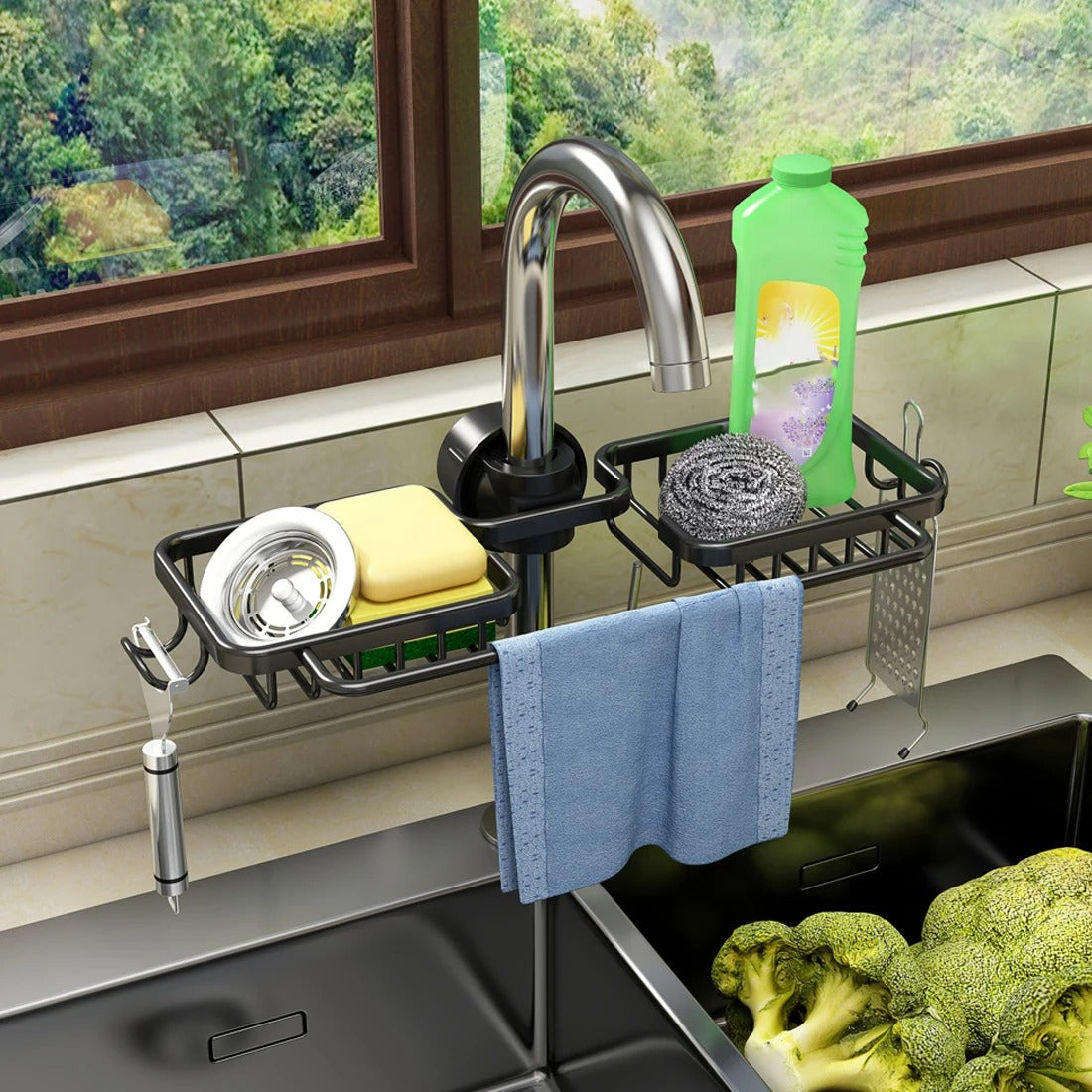 Home Kitchen Space Aluminum Sink Drain Rack Sponge Storage Faucet Holder Soap Drainer Shelf Basket Organizer Bathroom Accessory