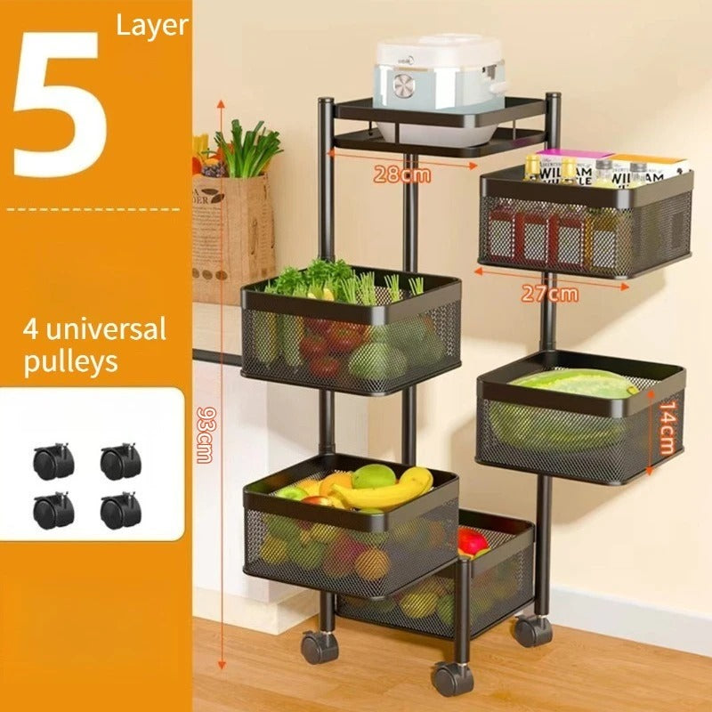 Multi Functional Kitchen Rotating Storage Rack with Multiple Layers and Rollers Rotating Fruit and Vegetable Basket Storage Rack