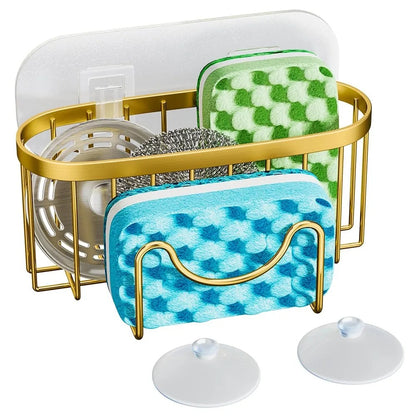 Suction Cups Sponge Drainer Rack Hollowed with Hook Stainless Steel Sponge Holder Fast Drainage Easy-To-Clean Sink Sponge Stand