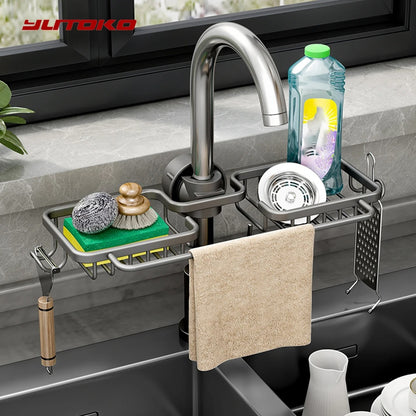 Home Kitchen Space Aluminum Sink Drain Rack Sponge Storage Faucet Holder Soap Drainer Shelf Basket Organizer Bathroom Accessory