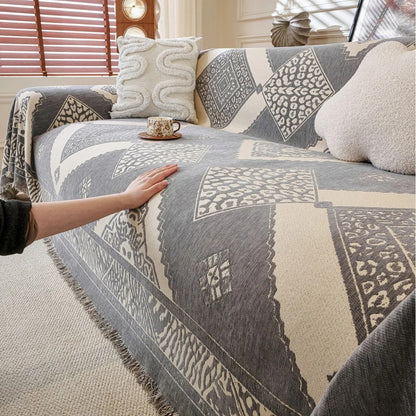 Retro Chenille Sofa Towel Geometric Jacquard Tassel Edge Double-sided All Season Dust cover cloth Multi-purpose Sofa Cover Throw