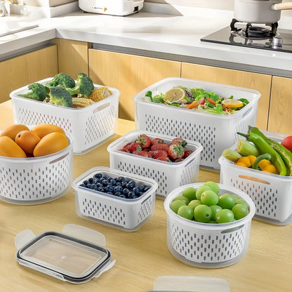 9Pcs/set Fruit Storage Containers for Fridge, Fridge with Removable Colander, All-In-One Fruit Washing Bowl with Strainer