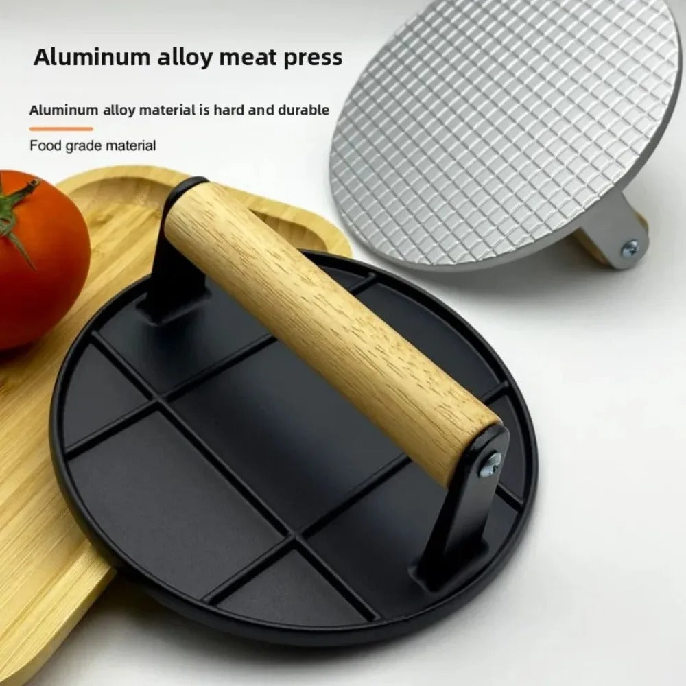 Aluminum Alloy Meat Press Manual Burger Press Non Stick Round Meat Patty Burger Press with Wooden Handle