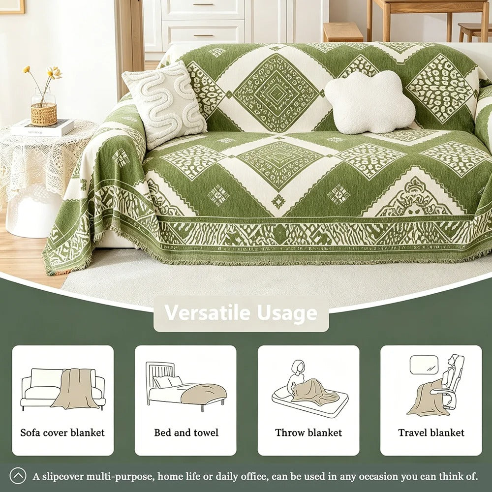 Retro Chenille Sofa Towel Geometric Jacquard Tassel Edge Double-sided All Season Dust cover cloth Multi-purpose Sofa Cover Throw