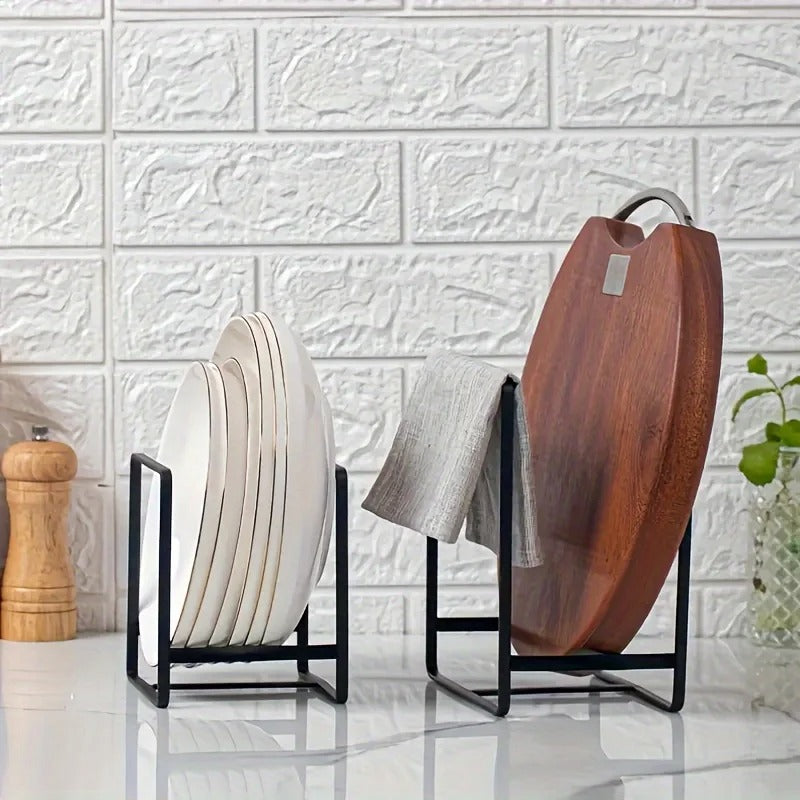 1pc Sleek Metal Dish Rack Set, Space-Saving Tiered Shelf Organizer, Plate & Utensil Holder, Pull-Out Design, Kitchen Storage