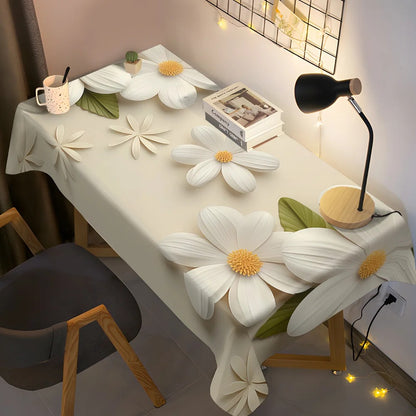 Elegant 3D-Look Floral Print Tablecloth, Fresh Beige Table Cover with Green Leaves for Dining, Kitchen, and Home Decor