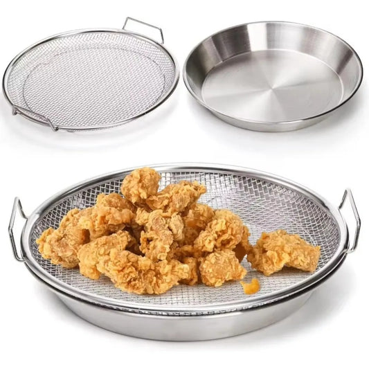 Heavy Duty Stainless Steel Frying Rack with Tray, Foldable Metal Mesh Basket for Oil Draining, Dishwasher Safe