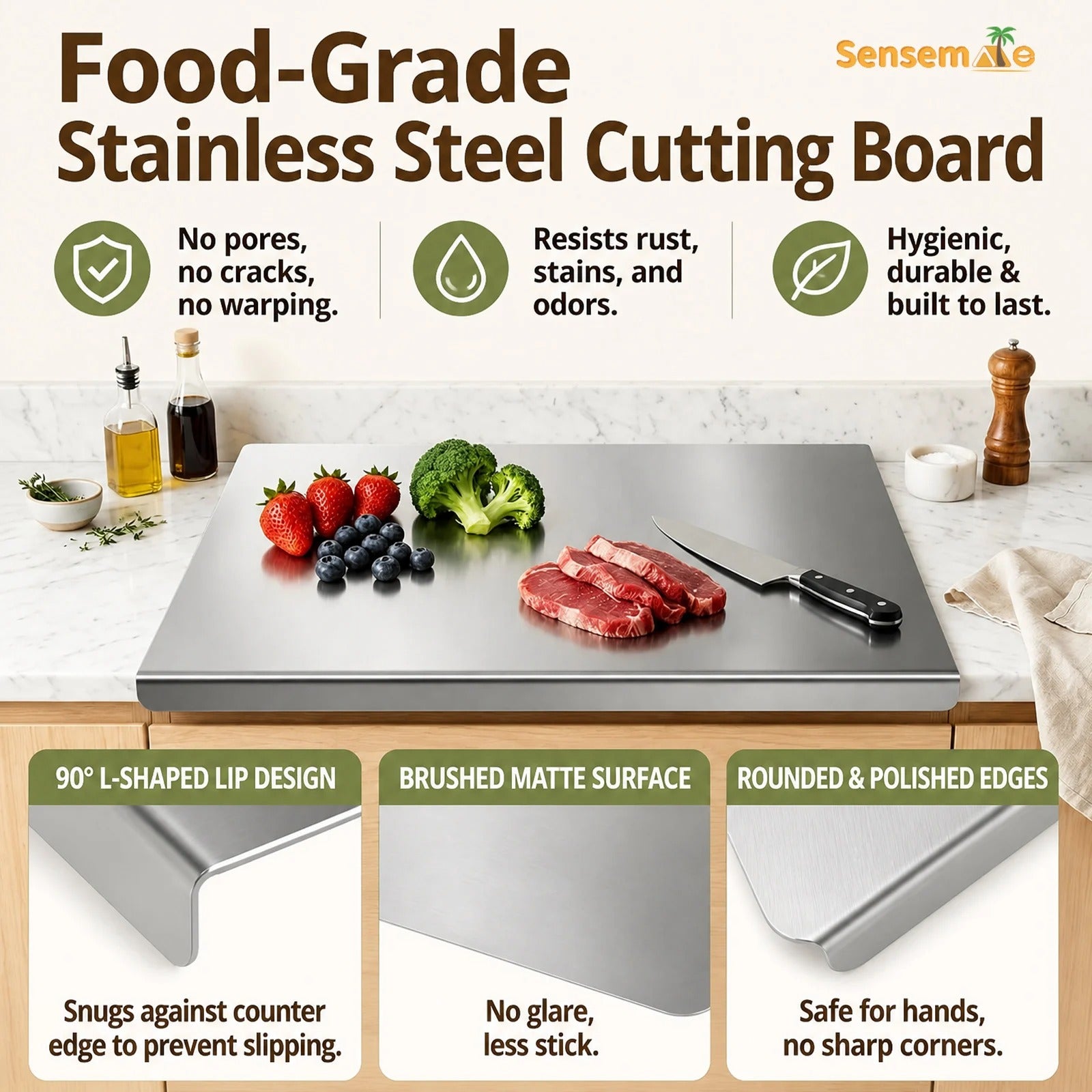 304 Stainless Steel Cutting Board with lip Countertop Antibacterial Large vegetable Meat Chopping Board Kitchen Cutting board