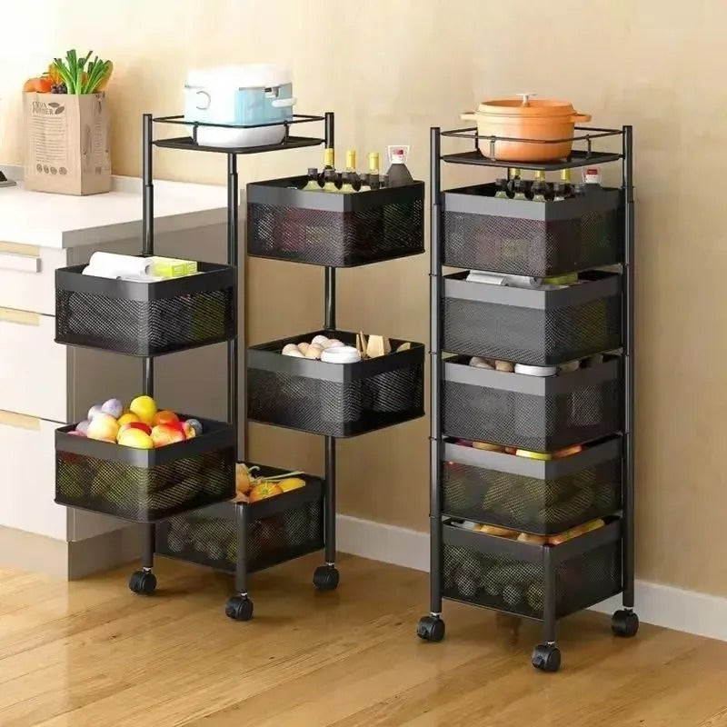 Multi Functional Kitchen Rotating Storage Rack with Multiple Layers and Rollers Rotating Fruit and Vegetable Basket Storage Rack