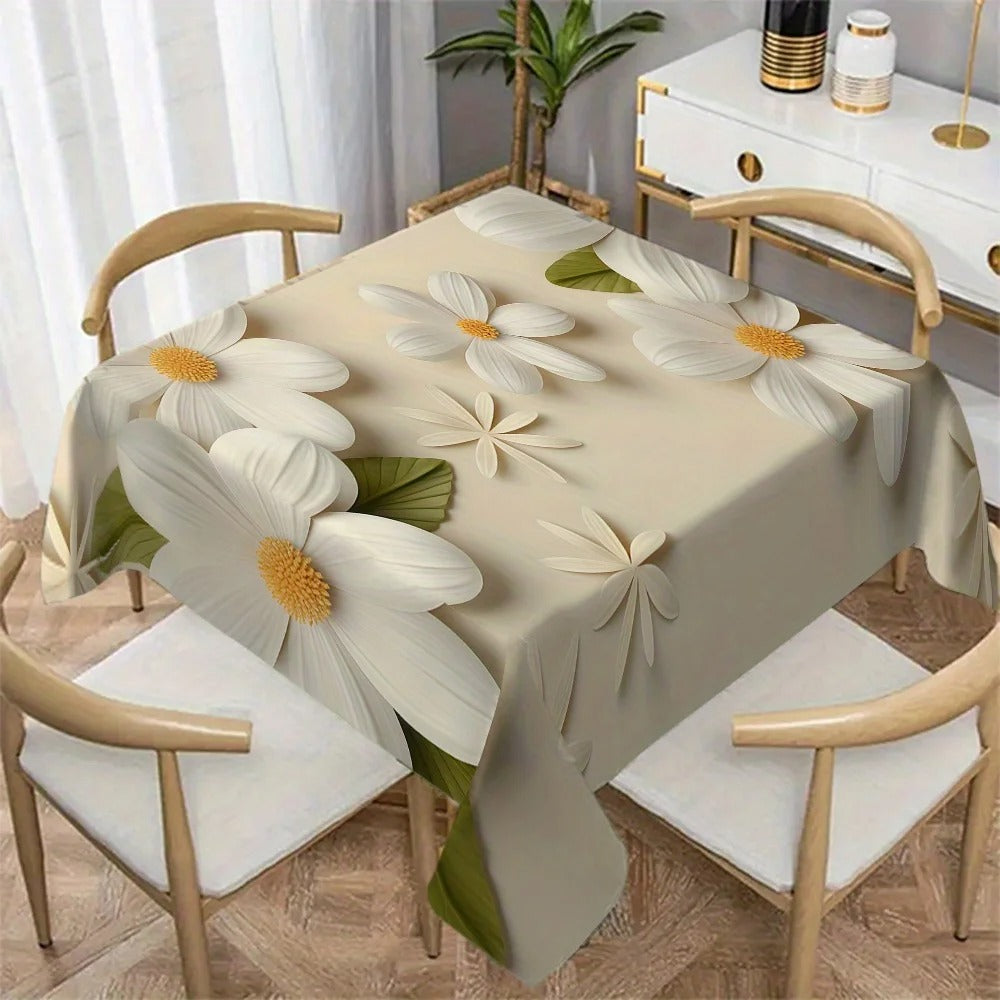 Elegant 3D-Look Floral Print Tablecloth, Fresh Beige Table Cover with Green Leaves for Dining, Kitchen, and Home Decor