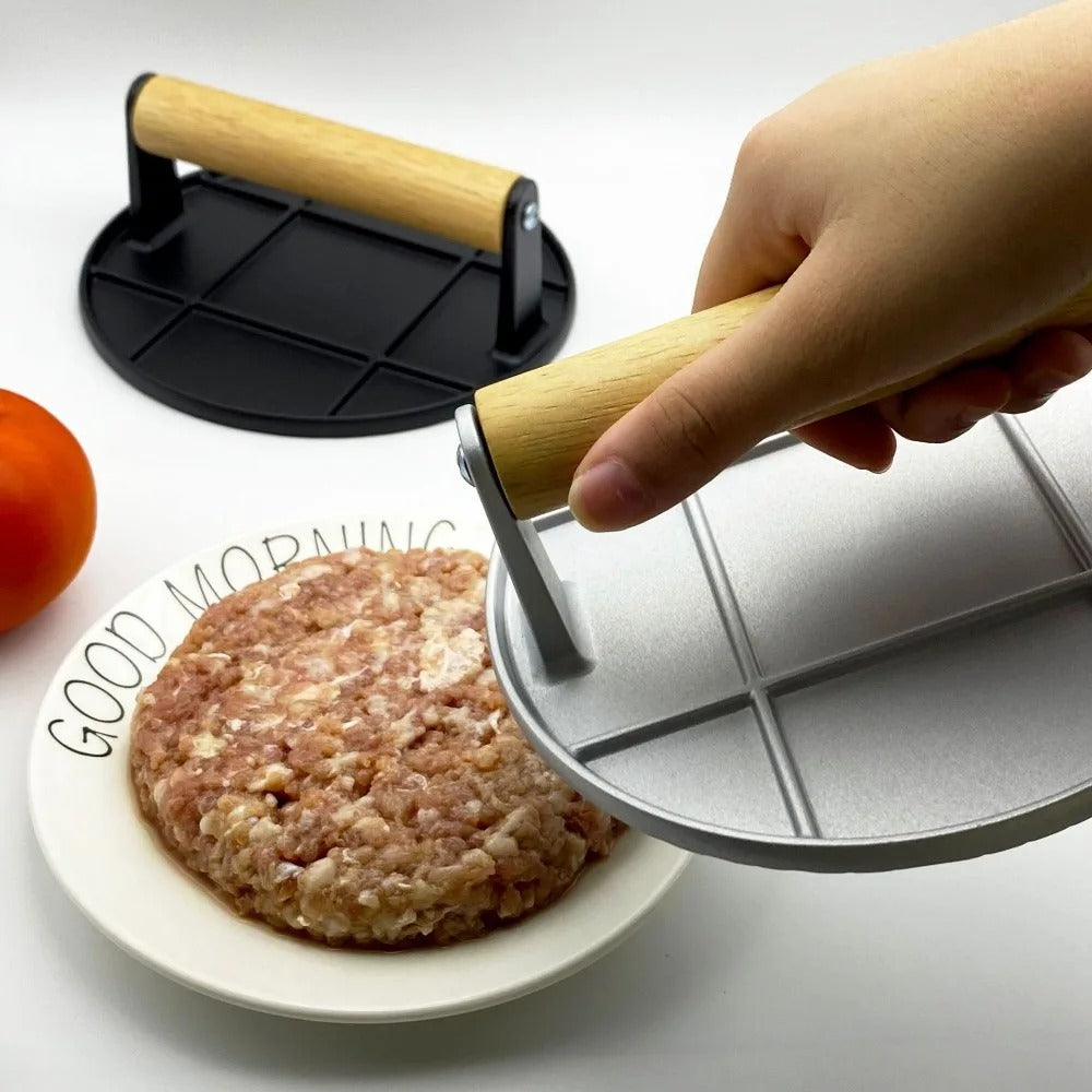 Aluminum Alloy Meat Press Manual Burger Press Non Stick Round Meat Patty Burger Press with Wooden Handle