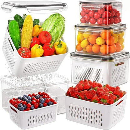 9Pcs/set Fruit Storage Containers for Fridge, Fridge with Removable Colander, All-In-One Fruit Washing Bowl with Strainer