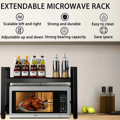 Expandable Microwave Shelf, Microwave Holder with 6 Hooks, Kitchen Storage Rack, Microwave Baking Rack, Extendable 40-64cm