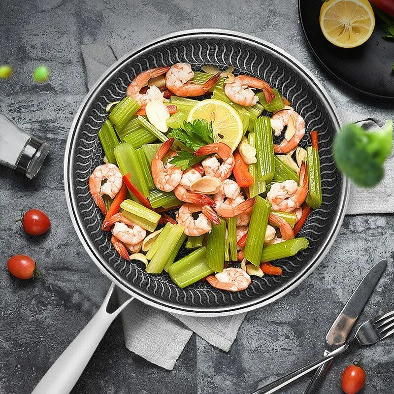 Whole Body Tri-Ply Stainless Steel Frying Pan 316 Stainless Steel Wok Pan Double-sided Honeycomb Skillet Suitable for All Stove