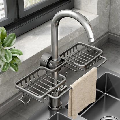 Home Kitchen Space Aluminum Sink Drain Rack Sponge Storage Faucet Holder Soap Drainer Shelf Basket Organizer Bathroom Accessory