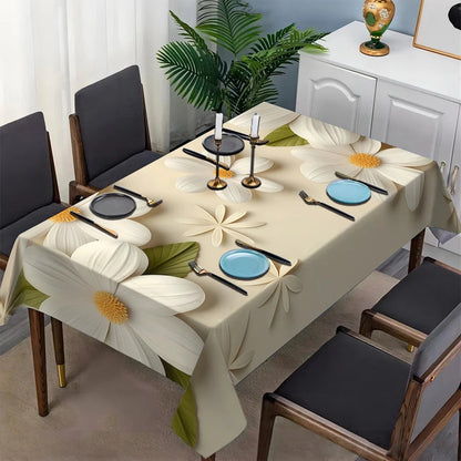 Elegant 3D-Look Floral Print Tablecloth, Fresh Beige Table Cover with Green Leaves for Dining, Kitchen, and Home Decor