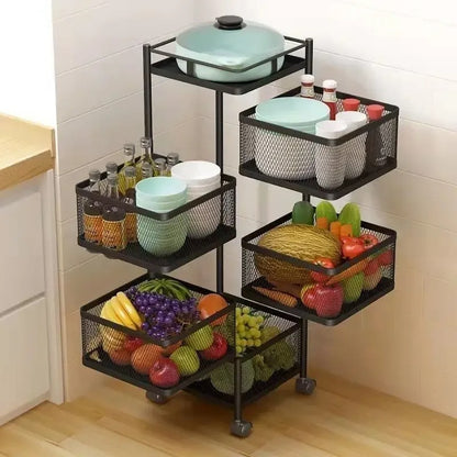 Multi Functional Kitchen Rotating Storage Rack with Multiple Layers and Rollers Rotating Fruit and Vegetable Basket Storage Rack