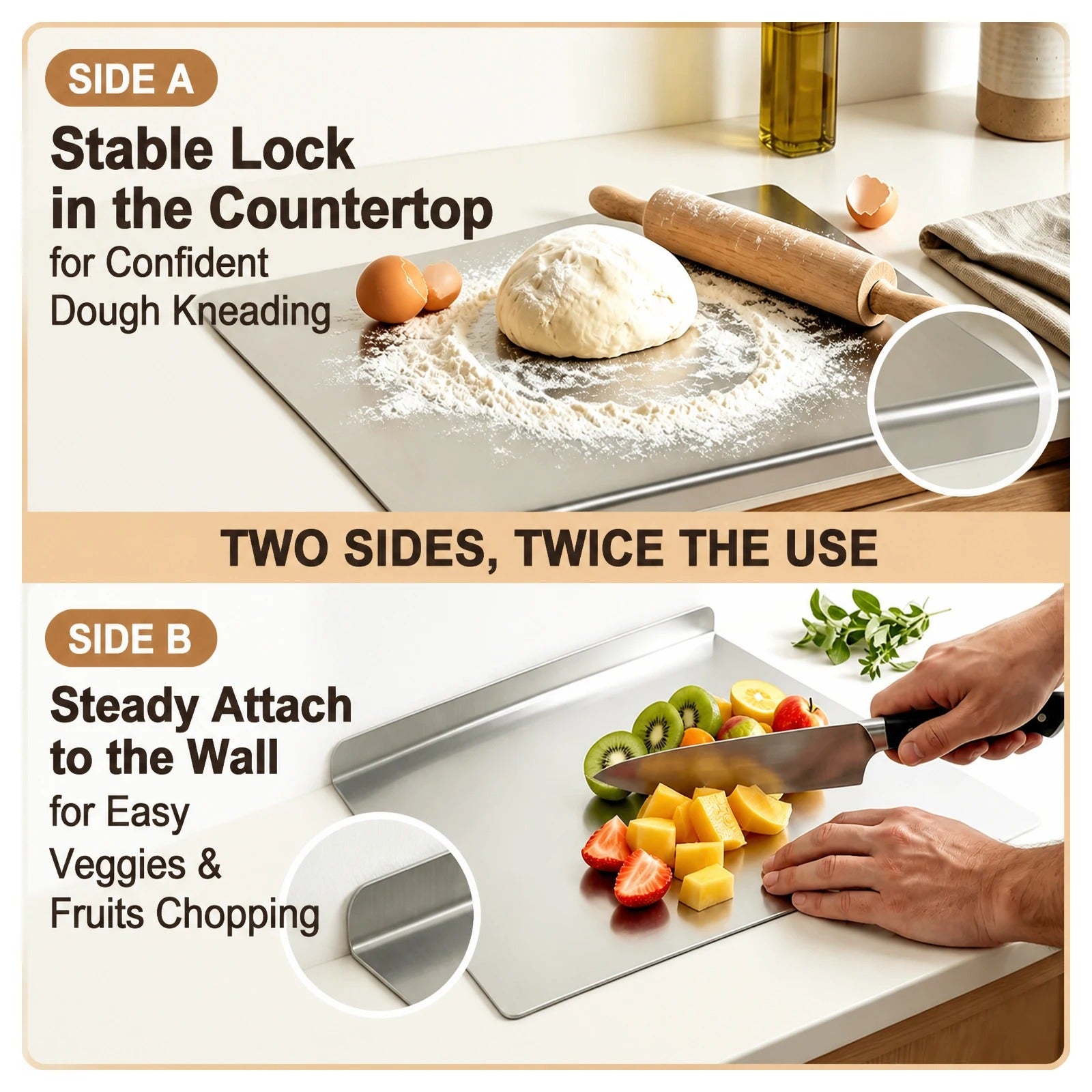 304 Stainless Steel Cutting Board with lip Countertop Antibacterial Large vegetable Meat Chopping Board Kitchen Cutting board