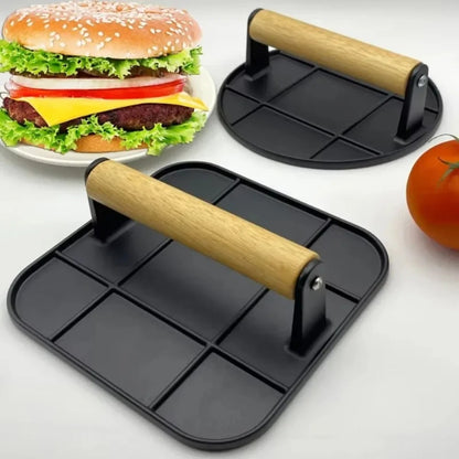 Aluminum Alloy Meat Press Manual Burger Press Non Stick Round Meat Patty Burger Press with Wooden Handle