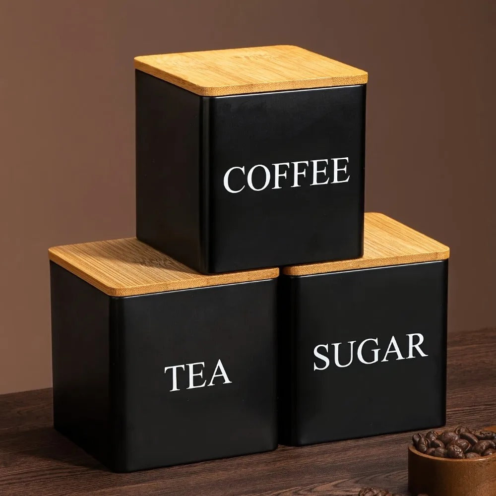 3Pcs/Set 500ml Black White Box with Lids Metal Containers for Storing Coffee Beans Sugar Tea Large Capacity Kitchen Storage Jar