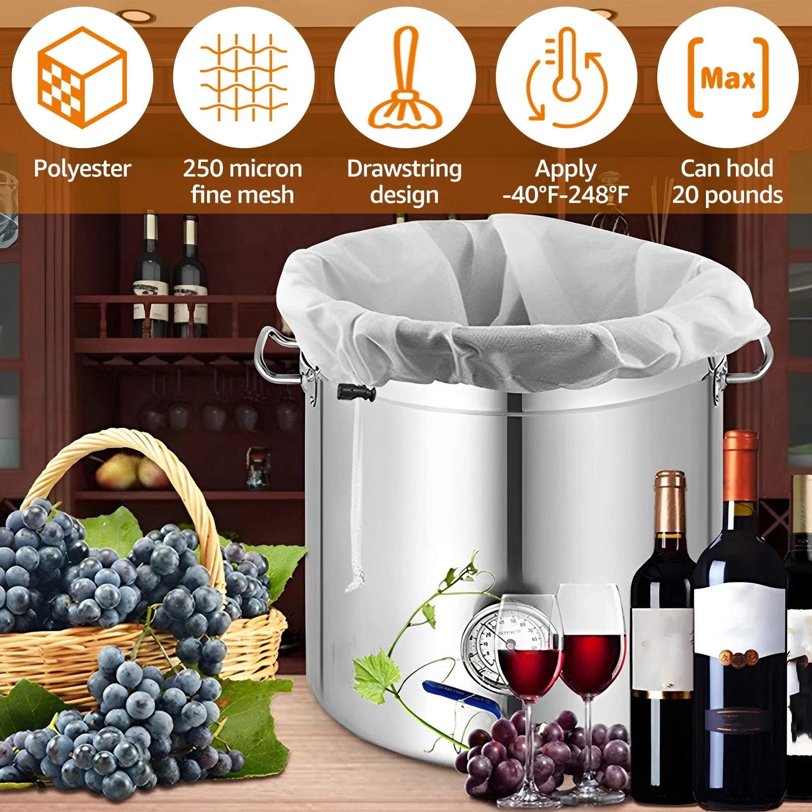 6Pcs Beer Homebrew Filter Bag for Brewing Reusable Kitchen Food Filter Bags Strainer Fine Mesh Bag for Beer Milk Juice Filter