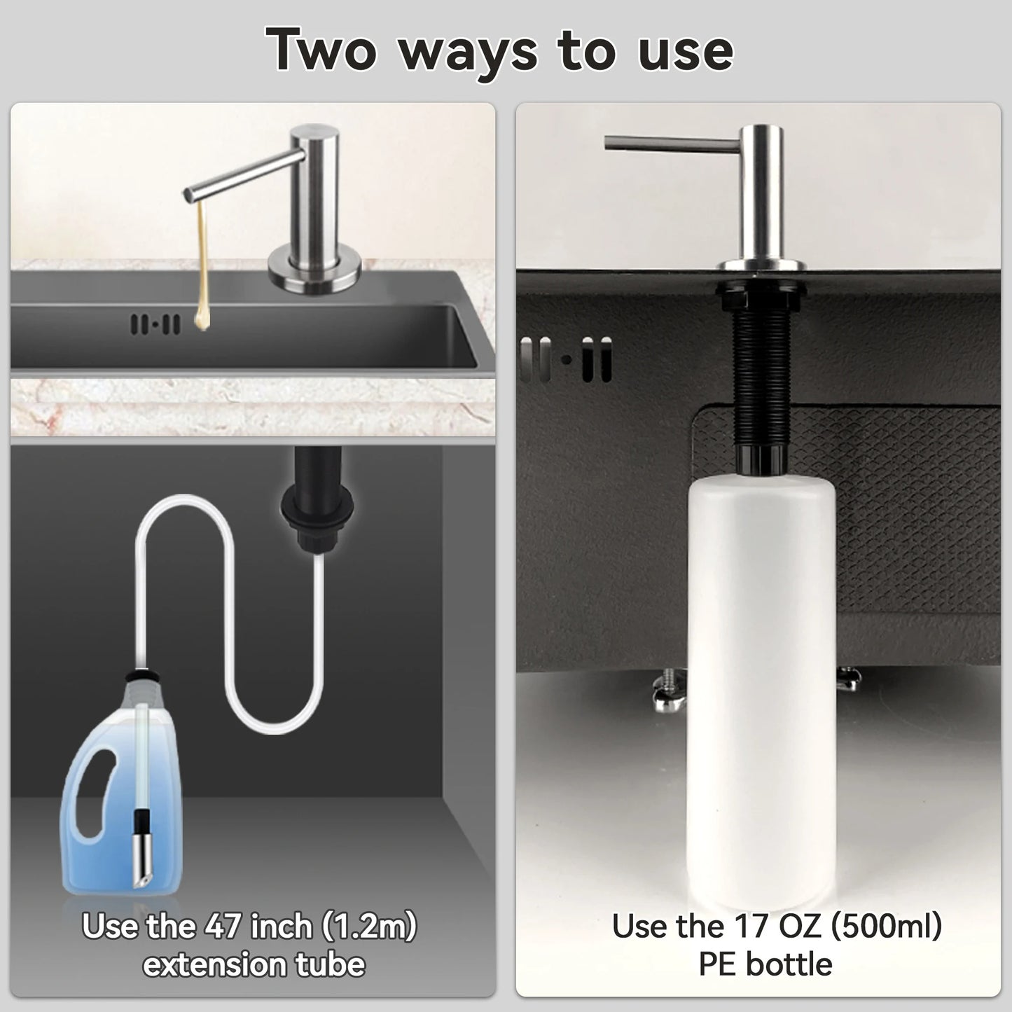 Solid 304 Stainless Steel Soap Dispenser for Kitchen Sink with 17 OZ Bottle and 47 inch Extension Tube Kit