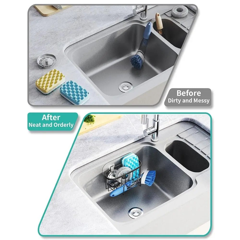 Suction Cups Sponge Drainer Rack Hollowed with Hook Stainless Steel Sponge Holder Fast Drainage Easy-To-Clean Sink Sponge Stand