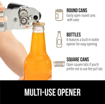 Stainless steel smooth edge manual can opener and bottle opener,soft handle, hand-held easy-turn knob,multi-purpose