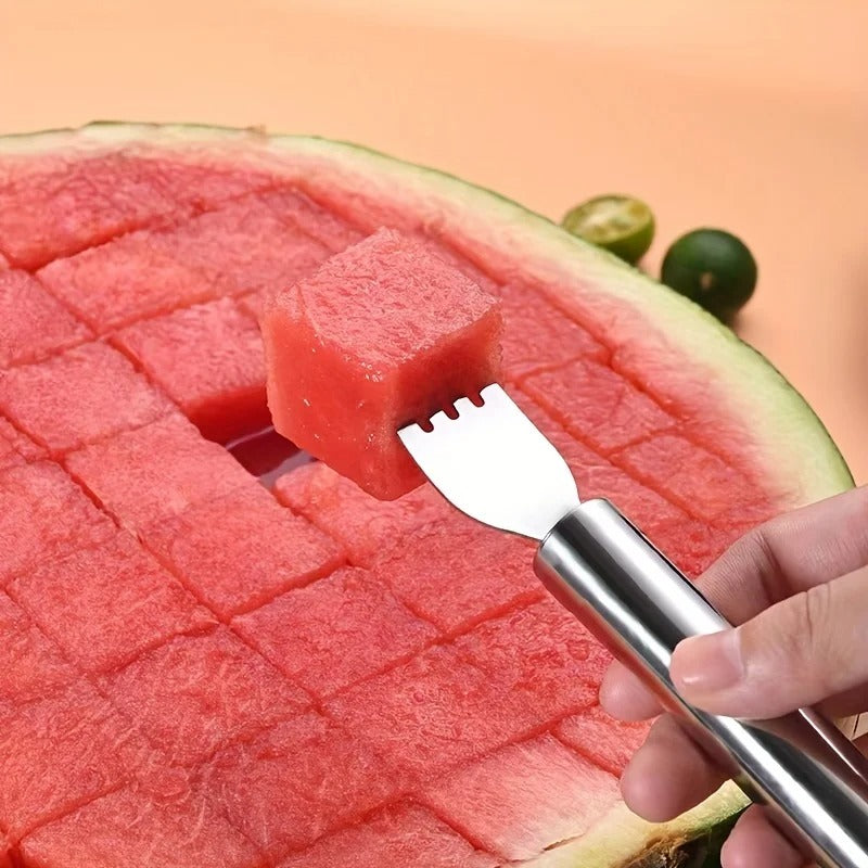 2-in-1 Stainless Steel Fruit Cutter Dual Head Watermelon Fork Cutter Slicer Tool for Home Kitchen Gadget Melon Cube Cutter