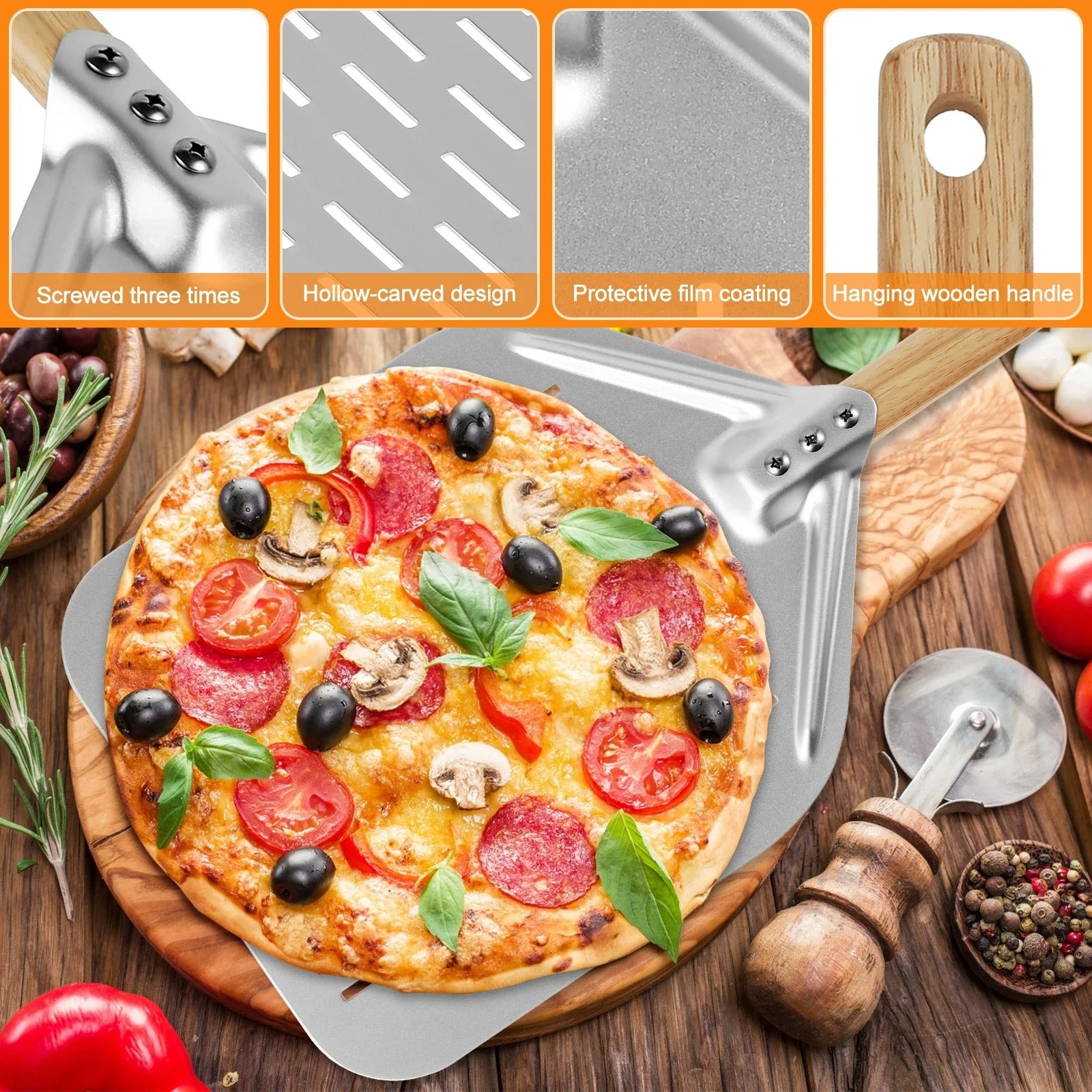 6.5/10/12inch Pizza Shovel Metal Non-Stick Pizza Peel with Wood Handle Cake Lifter Transfer Tray for Homemade Baking Pizza Bread