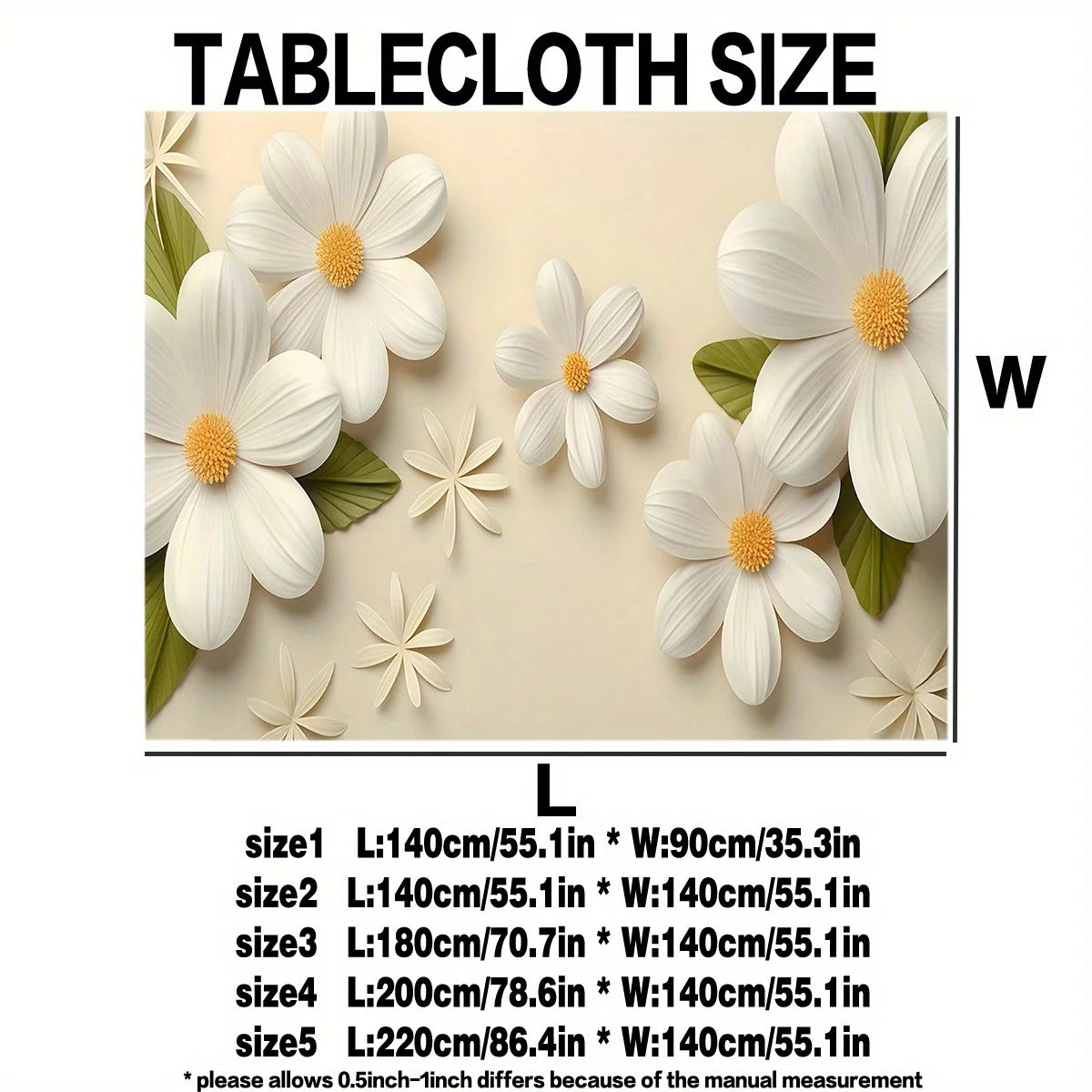 Elegant 3D-Look Floral Print Tablecloth, Fresh Beige Table Cover with Green Leaves for Dining, Kitchen, and Home Decor