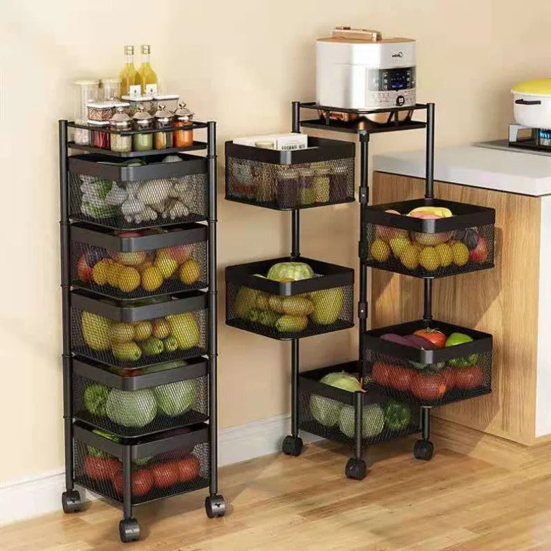 Multi Functional Kitchen Rotating Storage Rack with Multiple Layers and Rollers Rotating Fruit and Vegetable Basket Storage Rack
