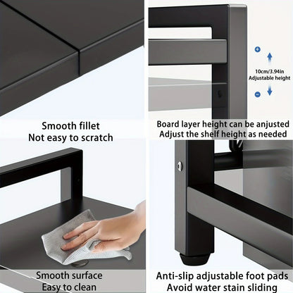 Expandable Microwave Shelf, Microwave Holder with 6 Hooks, Kitchen Storage Rack, Microwave Baking Rack, Extendable 40-64cm