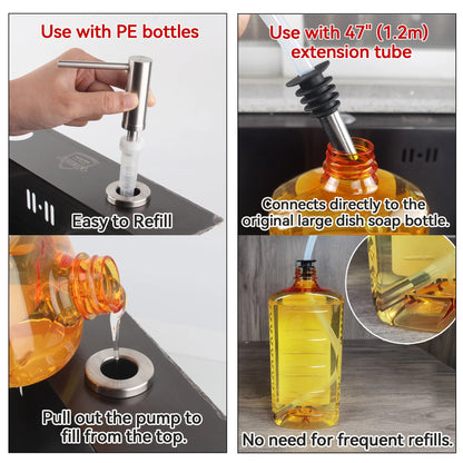 Solid 304 Stainless Steel Soap Dispenser for Kitchen Sink with 17 OZ Bottle and 47 inch Extension Tube Kit