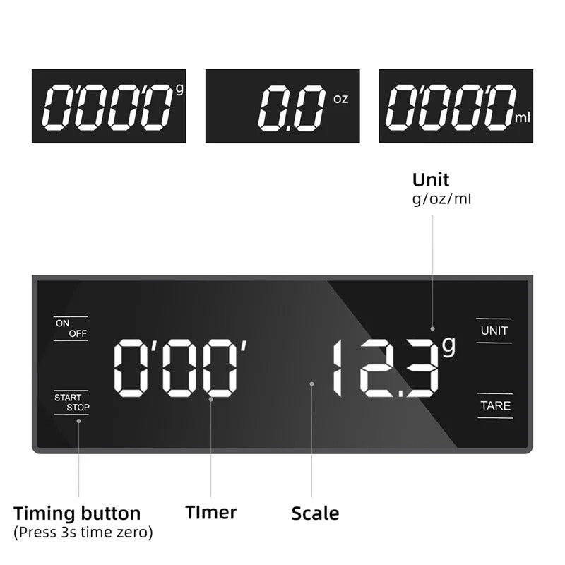 3kg/0.1g Coffee Scale with Timer Kitchen Tools Digital Multifunction Weighing Scale Pour Over Drip Espresso Scale LCD Display