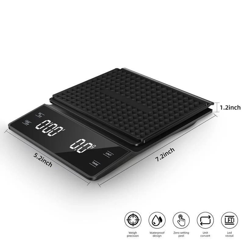 3kg/0.1g Coffee Scale with Timer Kitchen Tools Digital Multifunction Weighing Scale Pour Over Drip Espresso Scale LCD Display