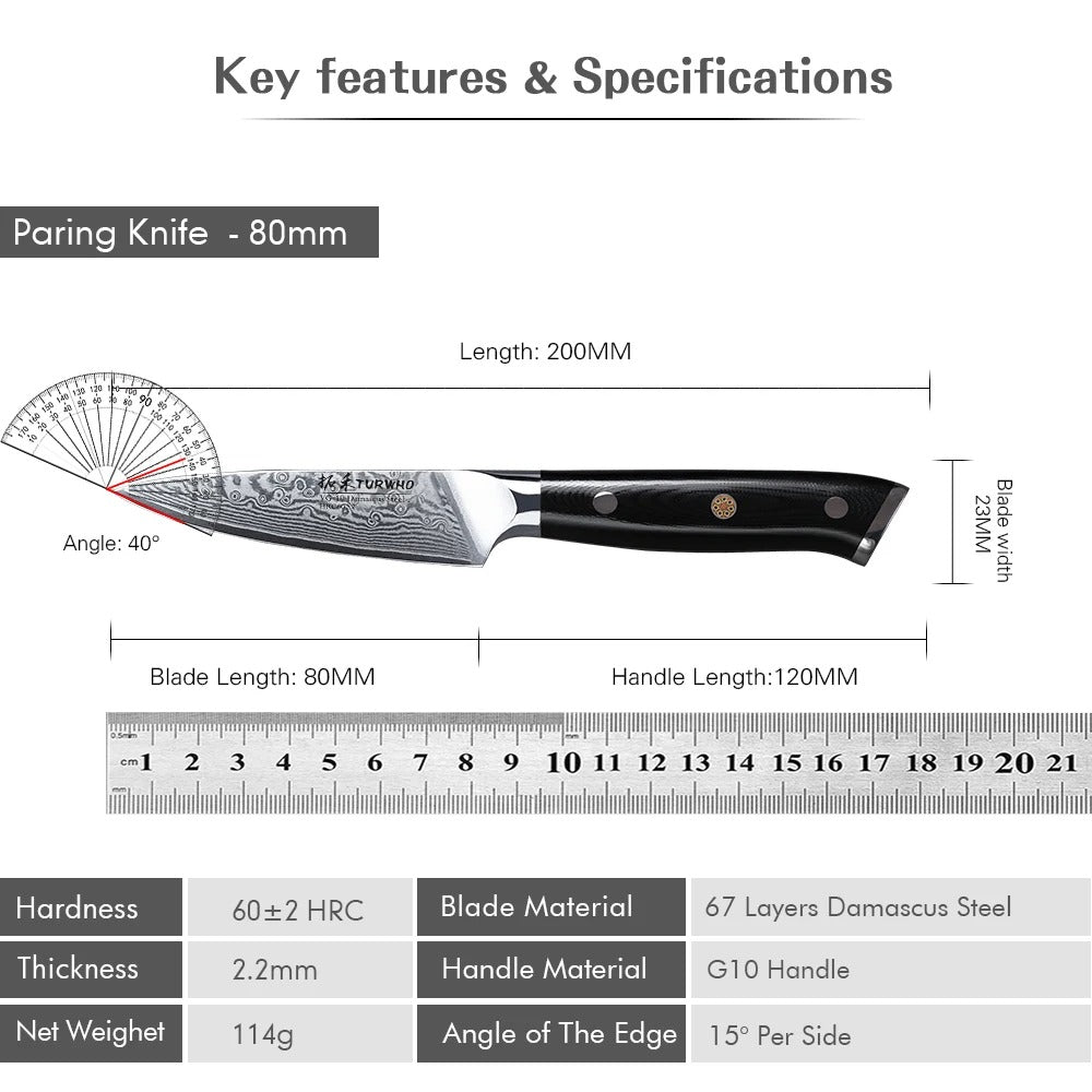 TURWHO 3.5 Inch Paring Knife 67 Layer Damascus Steel VG10 Steel Core Sharp Utility Vegetable Peeling Fruit Knife Household Tools