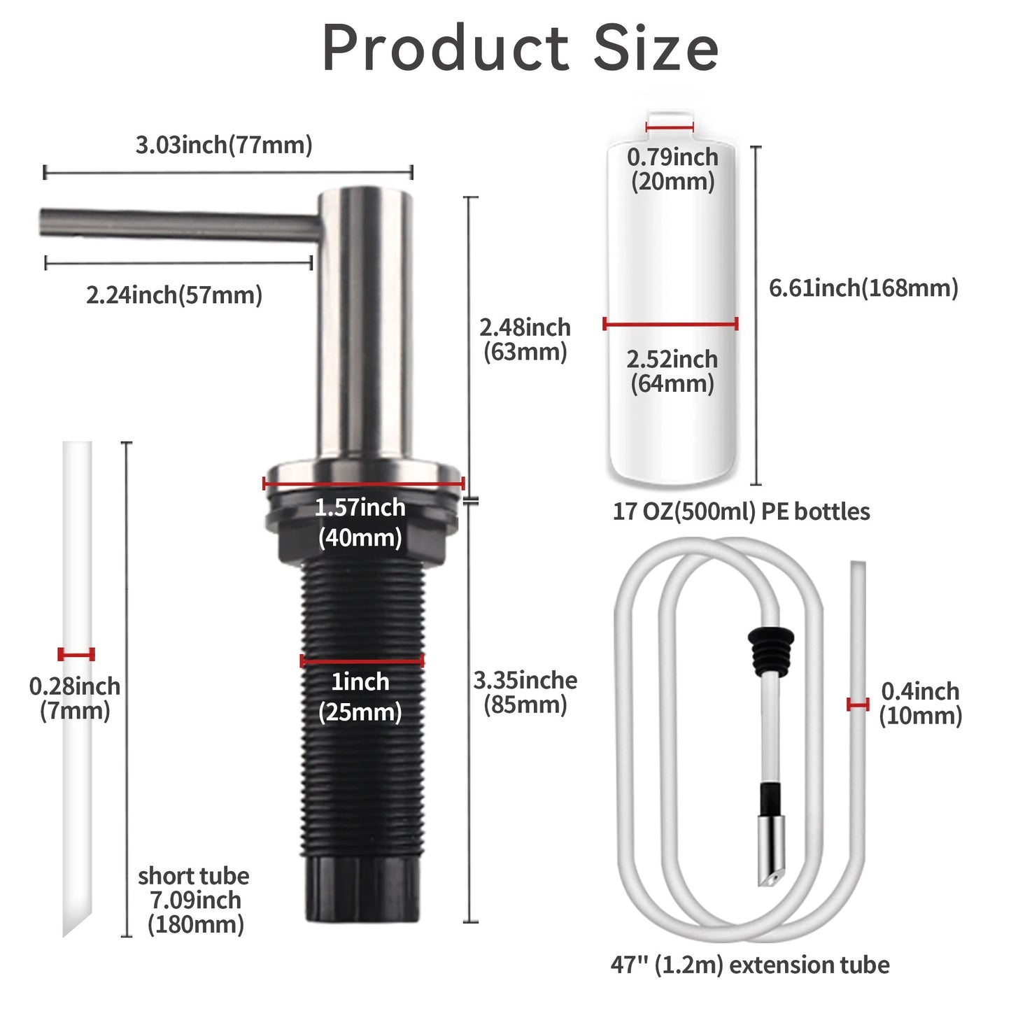 Solid 304 Stainless Steel Soap Dispenser for Kitchen Sink with 17 OZ Bottle and 47 inch Extension Tube Kit